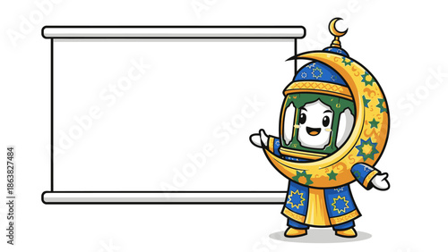cartoon character in islamic costume presenting on whiteboard