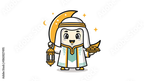 Ramadan kareem cartoon character with lantern and dates