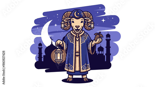 ram in traditional islamic clothing holding lantern ramadan