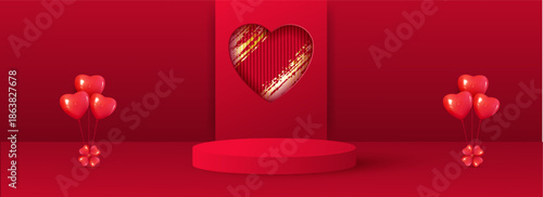 Valentine s Day banner with a red cylindrical plinth. Paper cutout heart-shaped figure with texture. Product display mockup. Stage showcase. Vector illustration.
