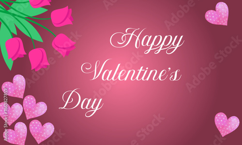 Happy Valentine's Day greeting with beautiful pink tulips and sparkling heart illustrations on a soft pink gradient background