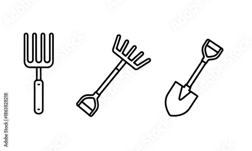 A simple line art illustration of three common garden tools: a pitchfork, a garden rake, and a shovel.
