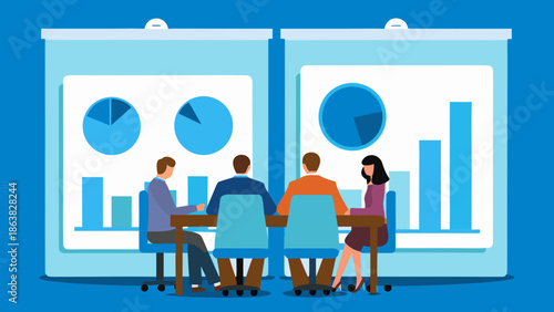 Coworkers comparing two sets of circular infographics on large screens in a modern office