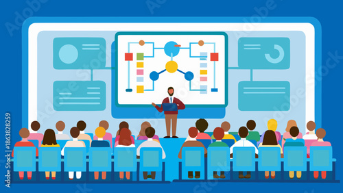 A data scientist presents to a large audience with an abstract algorithm on a digital screen