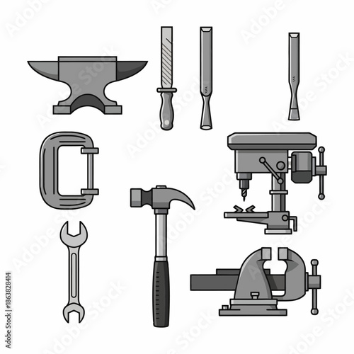 A collection of various metalworking tools including an anvil, hammer, wrench, drill press, and vise.