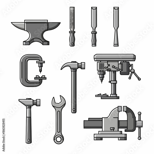 A collection of various metal workshop tools including an anvil, chisels, a drill press, a vise, hammers, a wrench, and a clamp.