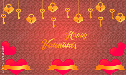Valentine's Day design with golden keys, locks, red hearts. Ribbons on a patterned background symbolize enduring love and affection for romantic celebrations
