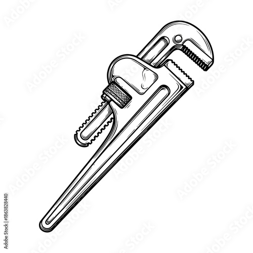 A detailed black and white illustration of a pipe wrench, a common plumbing tool, against a white background.