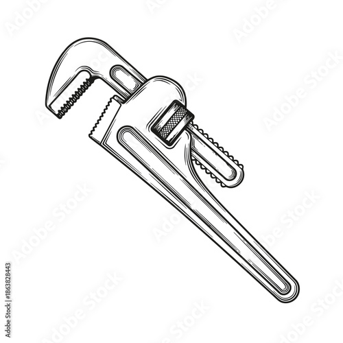 A detailed black and white sketch of a pipe wrench, a common plumbing tool, is presented against a white background.