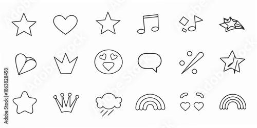 Collection of hand drawn black and white icons featuring stars hearts and musical notes