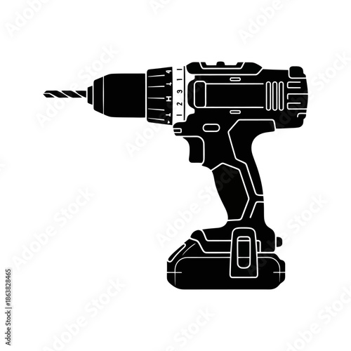 A black and white silhouette of a cordless power drill with a drill bit attached to the chuck.