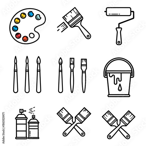 A collection of artistic tools including paintbrushes, a palette, paint cans, and a paint roller.