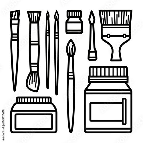 A collection of art supplies including various paint brushes and jars of paint.