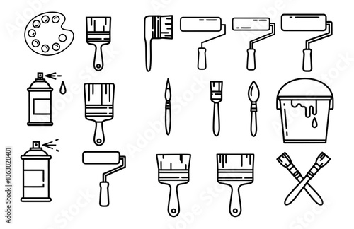 A collection of various painting and art supplies, including brushes, rollers, spray cans, and a paint palette.