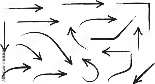 A collection of hand-drawn doodle arrows pointing in various directions and styles, isolated on a white background, perfect for graphic design elements.