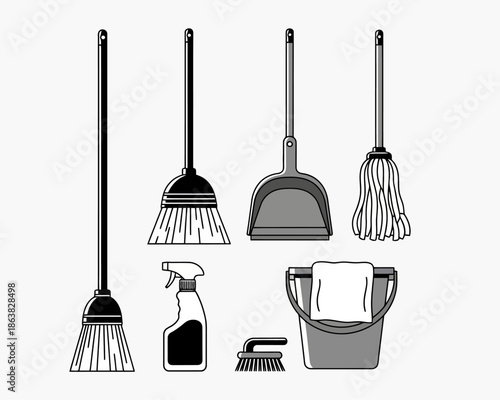 A collection of cleaning supplies including brooms, a dustpan, a mop, a spray bottle, a brush, and a bucket with a cloth.
