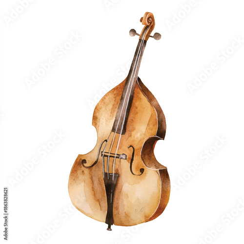 Watercolor Illustration of a Double Bass Musical Instrument.