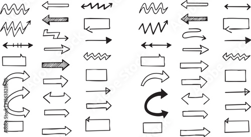A collection of hand-drawn doodle arrows pointing in various directions and styles, isolated on a white background, perfect for graphic design elements.