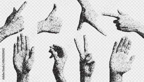 Gesture Expressions in Monochrome: A collection of various hand gestures, captured in a monochrome style, conveying a range of human emotions and intentions with delicate detail.