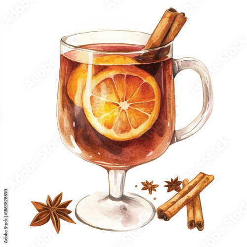 Watercolor illustration of a festive mulled wine with orange and cinnamon sticks.