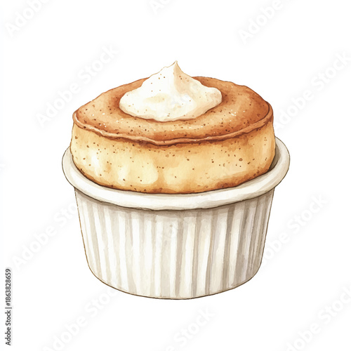 Watercolor illustration of a fluffy souffle dessert in a white ramekin.