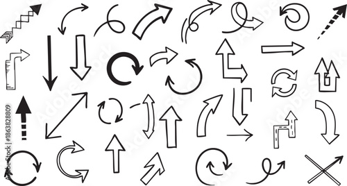 Collection of hand-drawn black brush stroke arrows pointing in various directions, including straight, curved, and circular paths, on a white background.