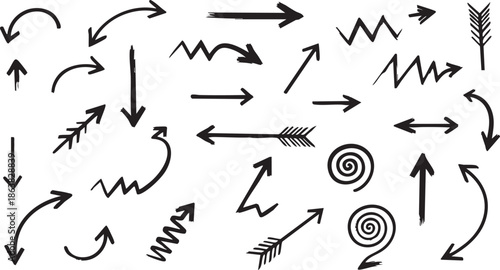 Collection of hand-drawn black brush stroke arrows pointing in various directions, including straight, curved, and circular paths, on a white background.