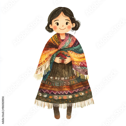 Watercolor Illustration of a Girl in Traditional Andean Clothing.
