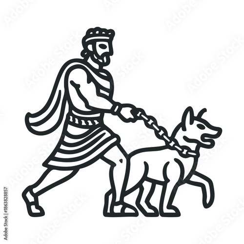 Warrior walking with a dog on a leash in a classic art style