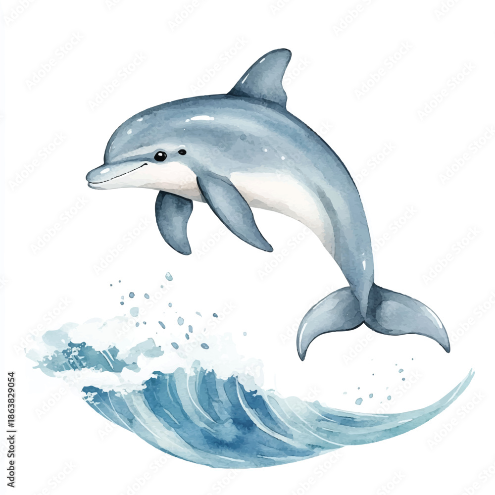 Obraz premium Watercolor illustration of a happy dolphin jumping from the sea wave.