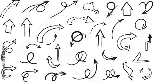 A collection of various hand-drawn doodle arrows pointing in different directions, including curved, straight, dotted, and looping designs.