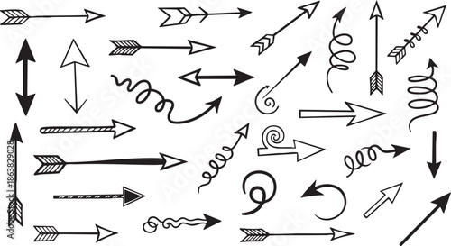 A collection of hand-drawn doodle arrows pointing in various directions and styles, illustrating movement and guidance for graphic design.