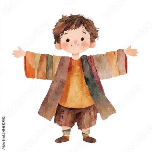 Watercolor illustration of a happy boy in a colorful coat.