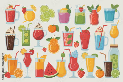 Colorful assortment of refreshing summer drinks and fruits for tropical holiday vibes, juicy beverages, fresh produce, bright illustrations, healthy lifestyle, menu design, posters, banners, advertisi