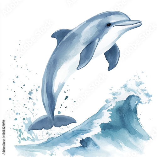 Watercolor illustration of a happy dolphin jumping from the sea.