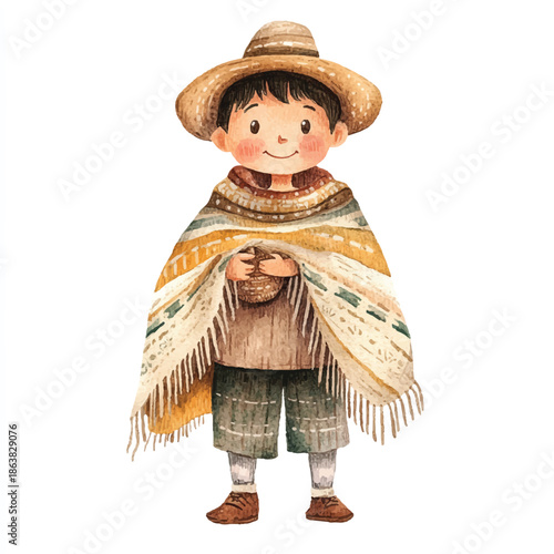 Watercolor illustration of a happy young boy wearing a traditional poncho and hat.