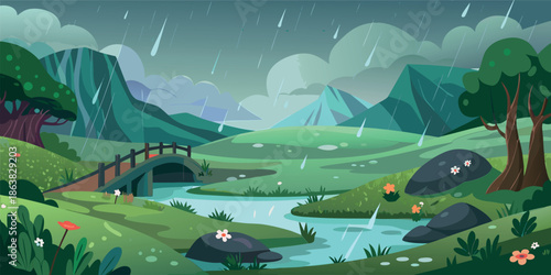 Peaceful Rainy Valley Landscape with Stone Bridge and Winding Stream