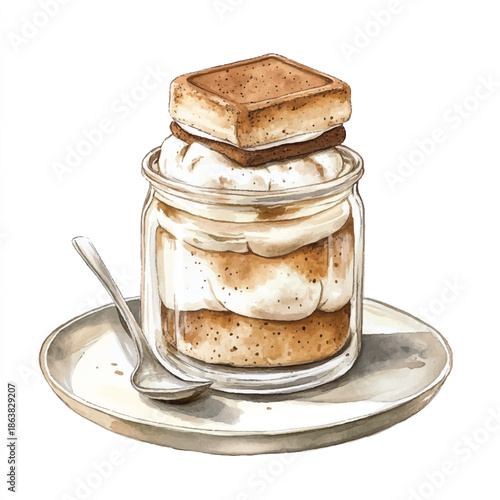 Watercolor illustration of a layered dessert in a glass jar.