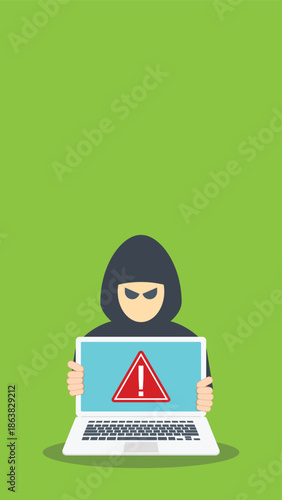 hacker and laptop computer with danger warning sign vector illustration design	
