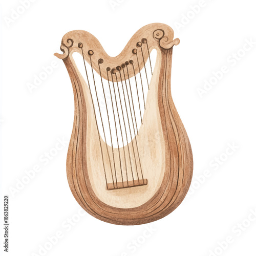 Watercolor Illustration of a Lyre Ancient Stringed Musical Instrument.