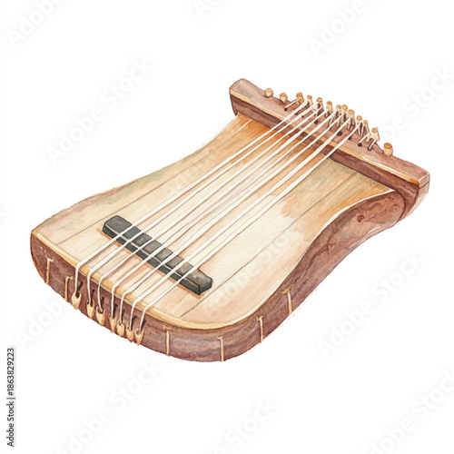 Watercolor Illustration of a Lyre Harp Musical Instrument.