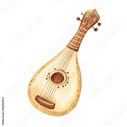 Watercolor Illustration of a Mandolin Musical Instrument.