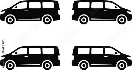 Four black silhouettes of vans displayed in a simple organized arrangement