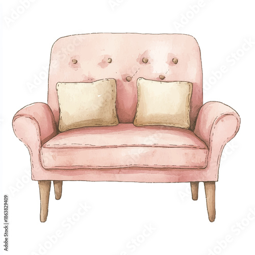 Watercolor illustration of a pink armchair with two pillows cozy and inviting.