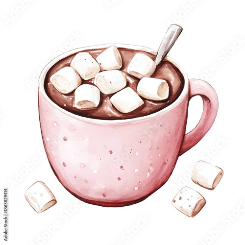 Watercolor illustration of a pink mug with hot chocolate and marshmallows.