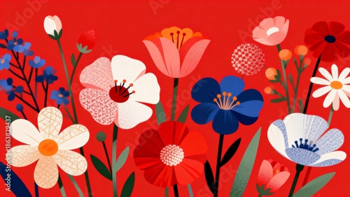Colorful floral illustration on red background