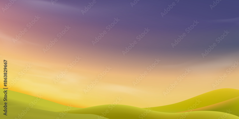 Naklejka premium Sunset sky,clouds over landscape of green hills for Spring season,Horizon peaceful scenic moutain layer on yellow sunrise sky background,Vector Nature design for eco website headers,inspiration visual
