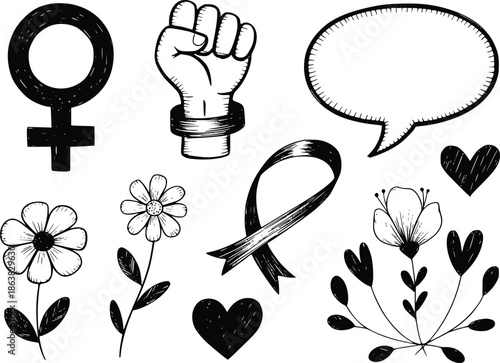 Feminist symbols female sign raised fist speech bubble flowers and ribbon