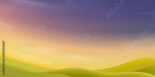 Sunset sky,clouds over landscape of green hills for Spring season,Horizon peaceful scenic moutain layer on yellow sunrise sky background,Vector Nature design for eco website headers,inspiration visual