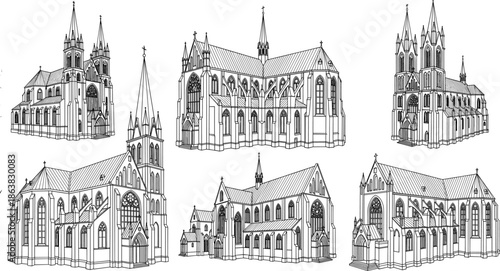 Black and white line art vector illustration set of majestic Gothic cathedrals and historic church buildings with tall spires and detailed facades.